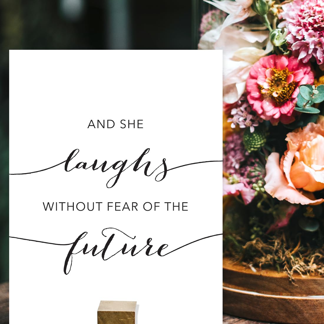 Andaz Press Unframed Black White Wall Art Decor Poster Print, Bible Verses, She Is Clothed With Strength And Dignity And Laughs