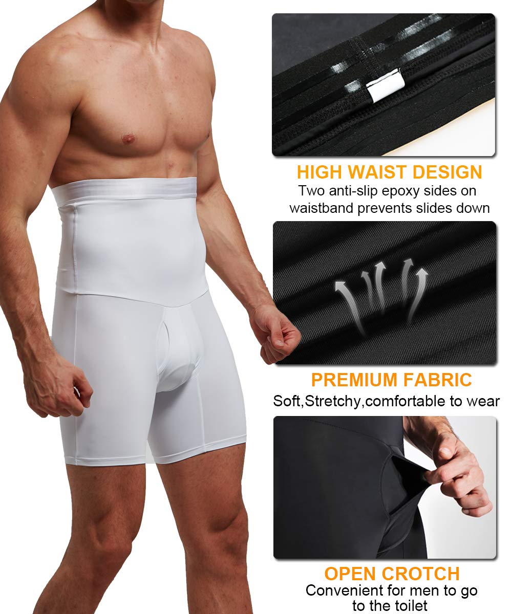 Quafort Men Tummy Control Shorts High Waist Slimming Shapewear Body Shaper Leg Underwear Briefs White