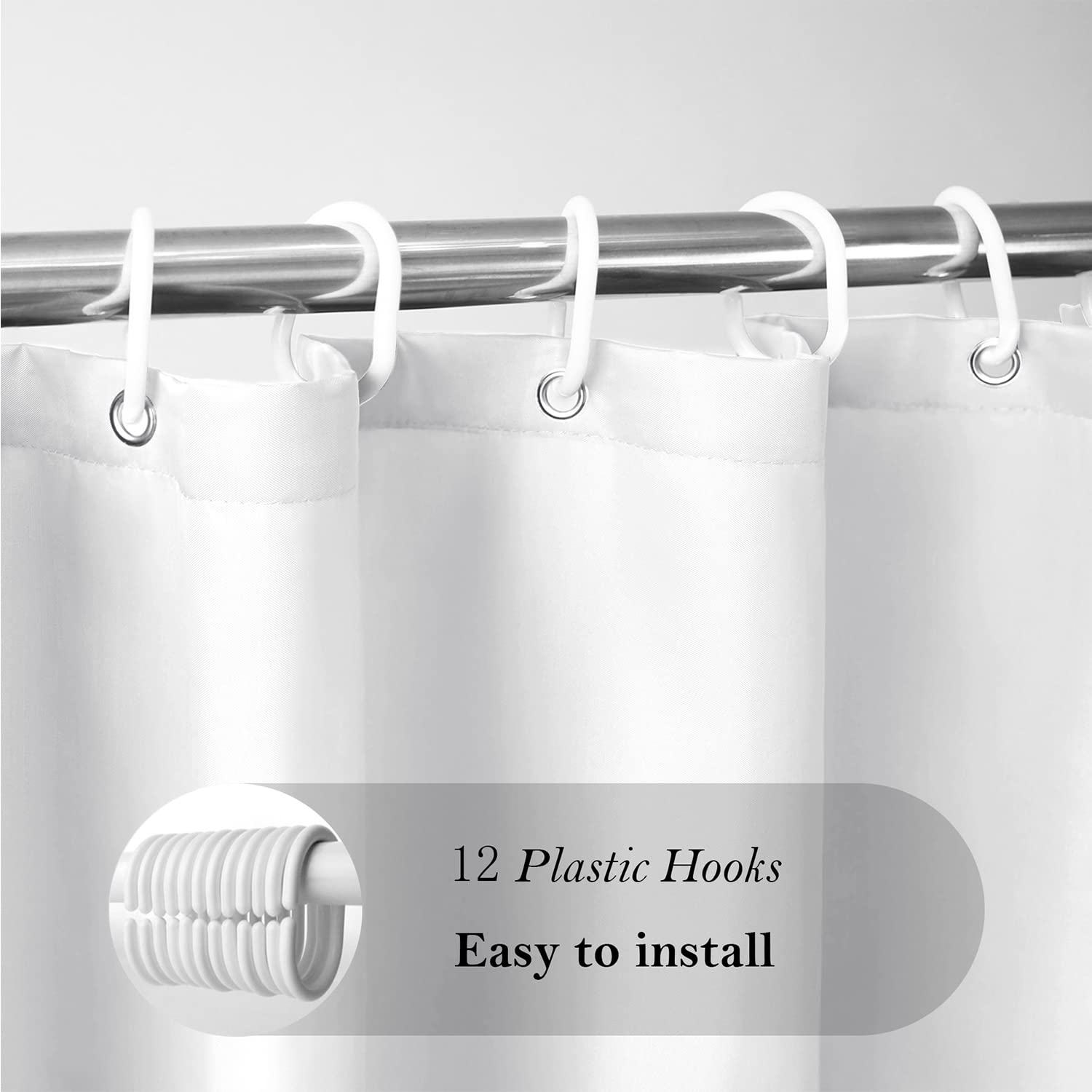 Aoohome White Fabric Shower Curtain Liner, Bathroom Curtain With Hooks For Hotel, Waterproof, Weighted Hem, 72 Width X 75 Height