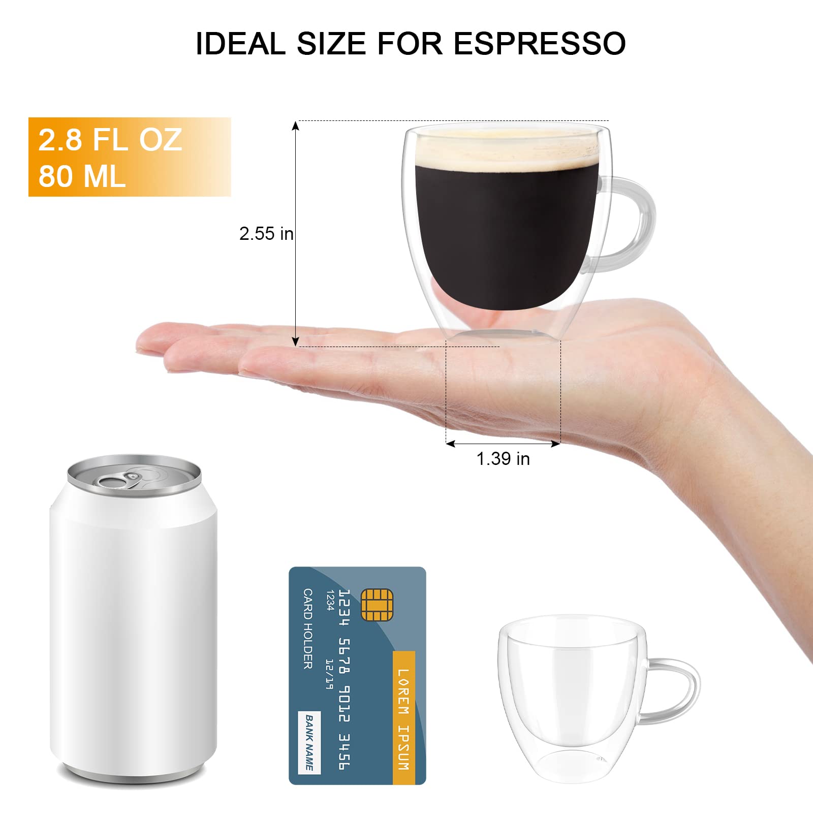 Onedone Espresso Cups 2.8 Oz - Double Walled Glass Espresso Cups Set Of 4, Thermo Insulated Shot Glasses With Handle