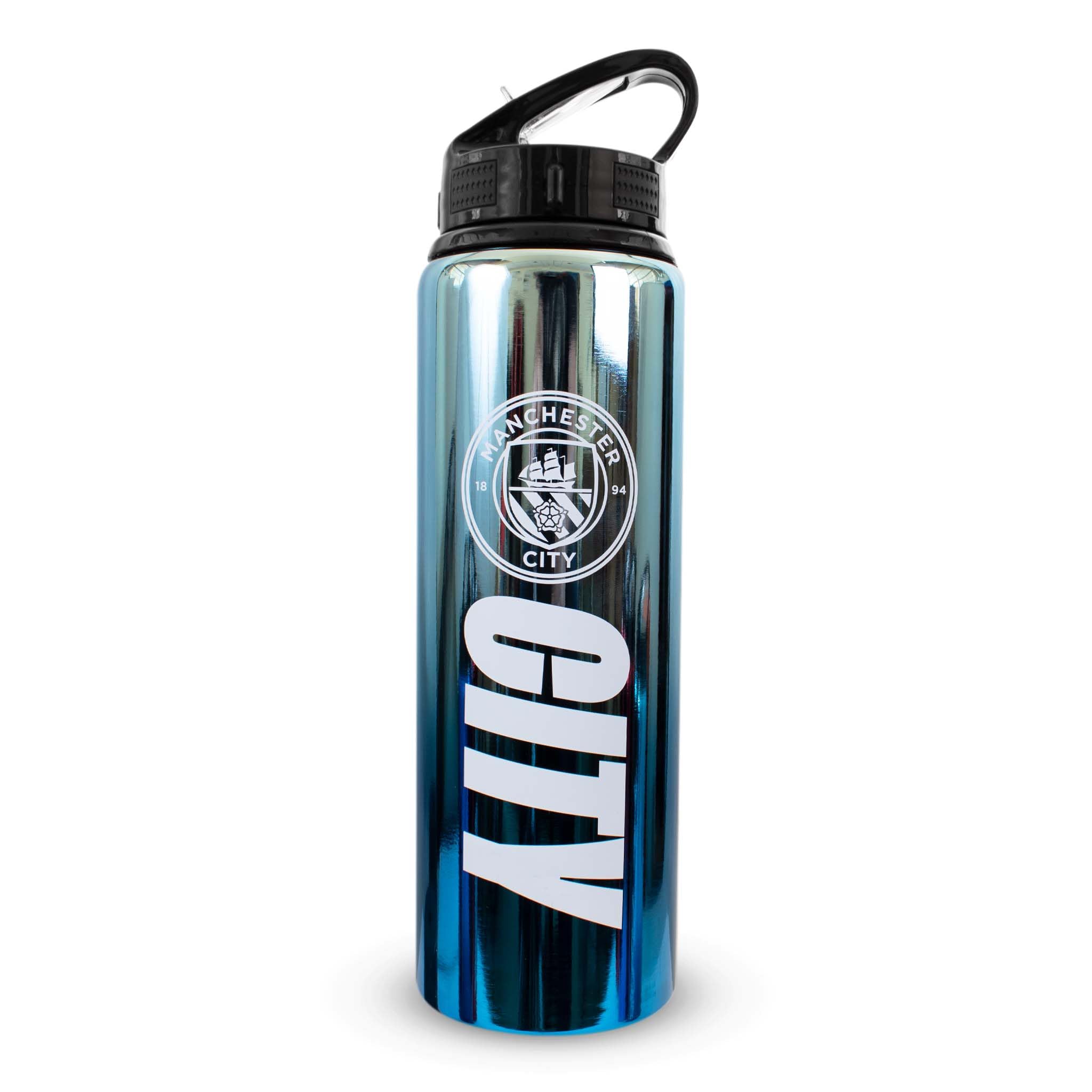 Hy-Pro Officially Licensed Manchester City Metal Water Bottle - 750ml Aluminum UV Sports Bottle with Folding Straw - Lightweight