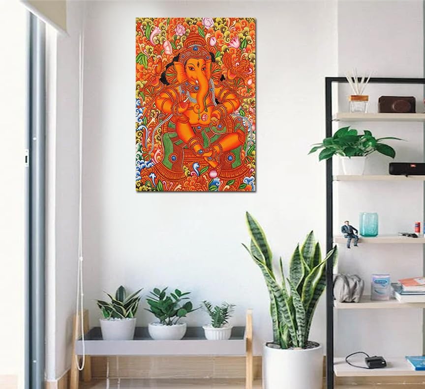 PIXELARTZ Kerala Mural Sri Ganesh Canvas Painting | Traditional Art Unframed Painting for Home dcor - Multicolour (17x23 Inches,