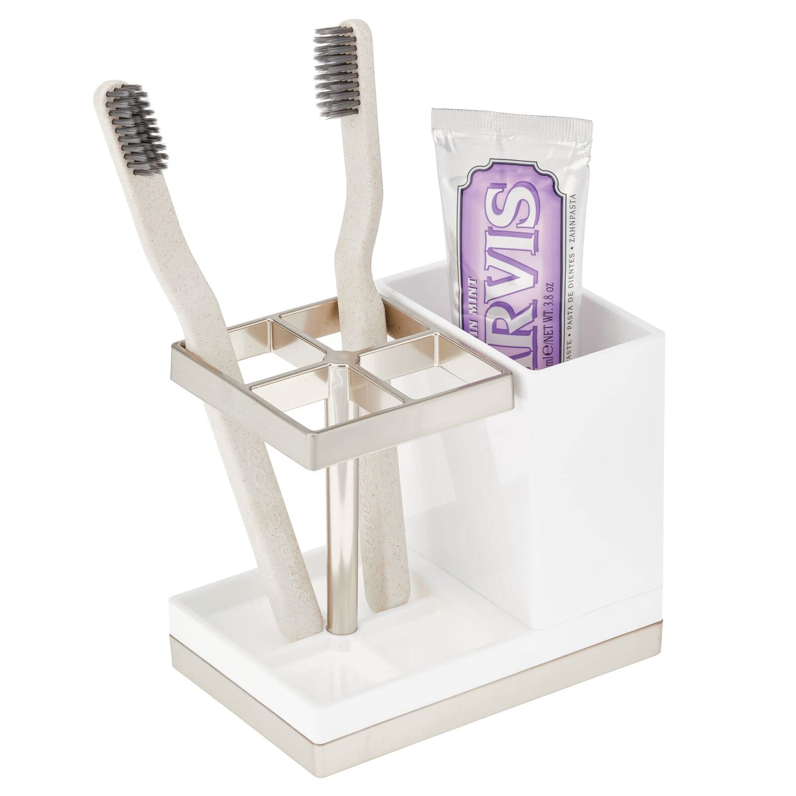mDesign Plastic Toothbrush and Toothpaste Storage Organizer Holder - Home Decor for Bathroom Countertop - Holds Toiletries and B