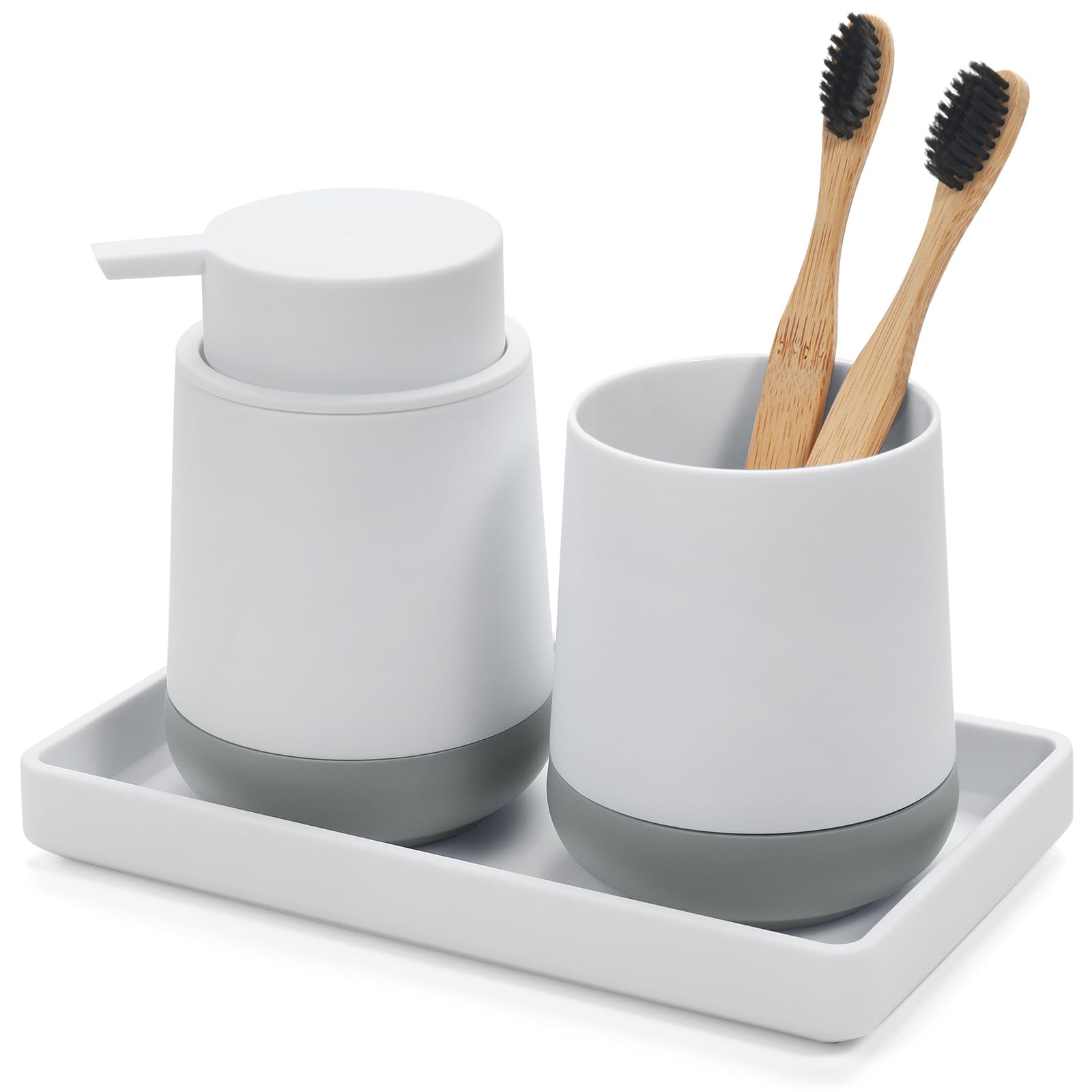 GAHEFY White Bathroom Countertop Accessories Set - Soap Dispenser and Toothbrush Holder with Silicone Boot,Vanity Tray (White Li