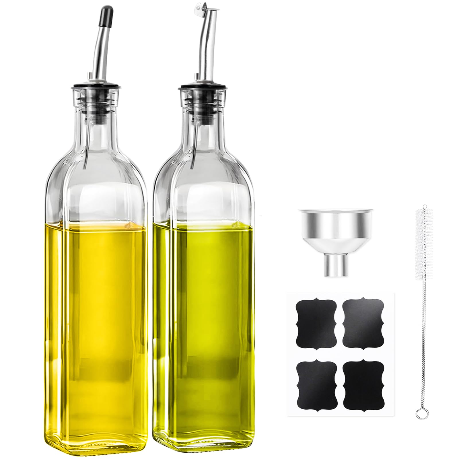 MEIDAYAI Olive Oil Dispenser Bottle, 2 Pcs Glass Oil Bottle for Kitchen, Oil and Vinegar Dispenser Set with 2 Stainless Steel Po