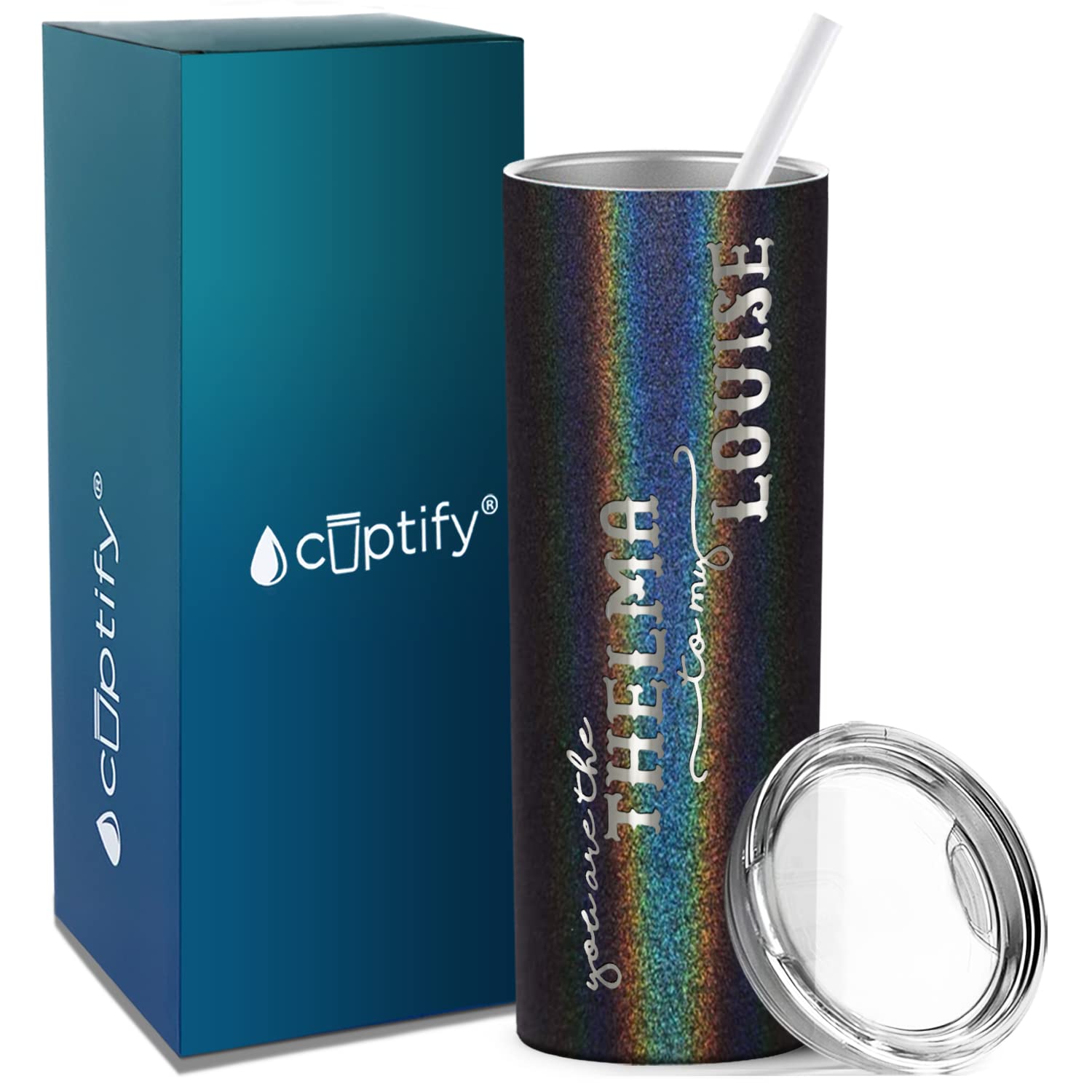 Cuptify You Are The Thelma To My Louise Skinny Tumbler With Lid And Straw Laser Engraved On Black Glitter 20 Oz Vacuum Insulated