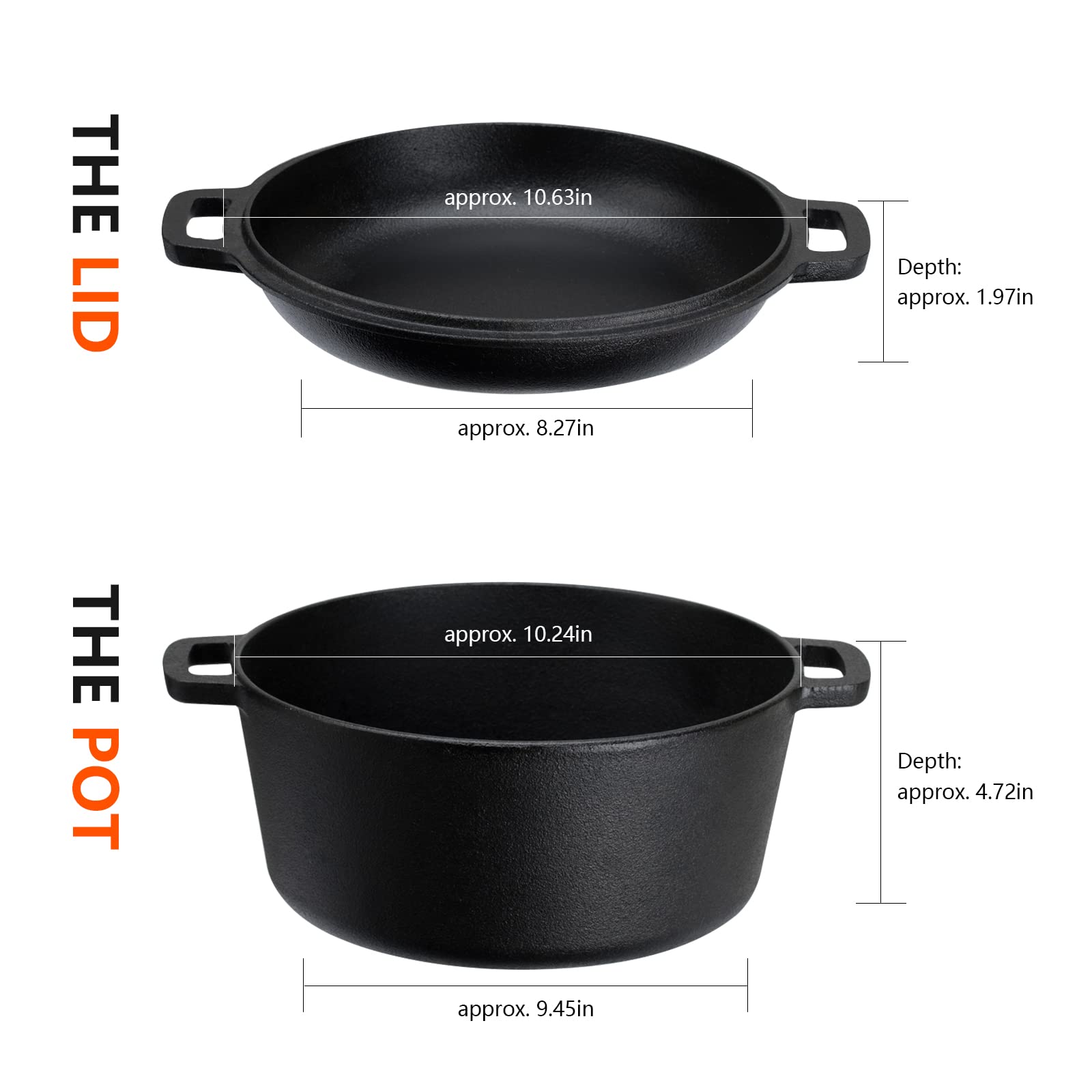 Overmont 5 Quart Pre-Seasoned Cast Iron Dutch Oven with Skillet Lid - Black, Induction & Stovetop Compatible, Model OHS-OM-NPot