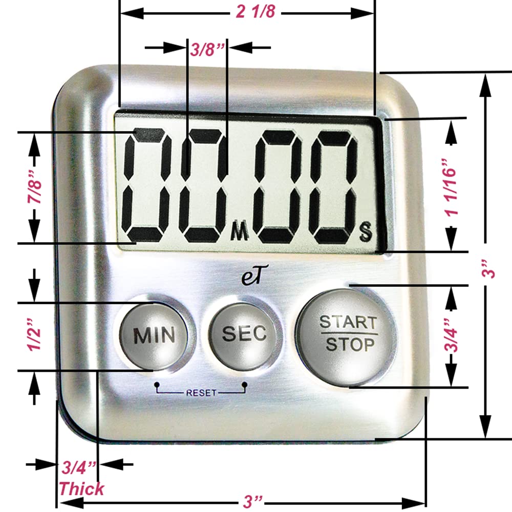 eTradewinds Elegant Stainless Steel Kitchen Timer - Silver - Loud Alarm, Strong Magnetic Back, Auto Memory, Model eT-26