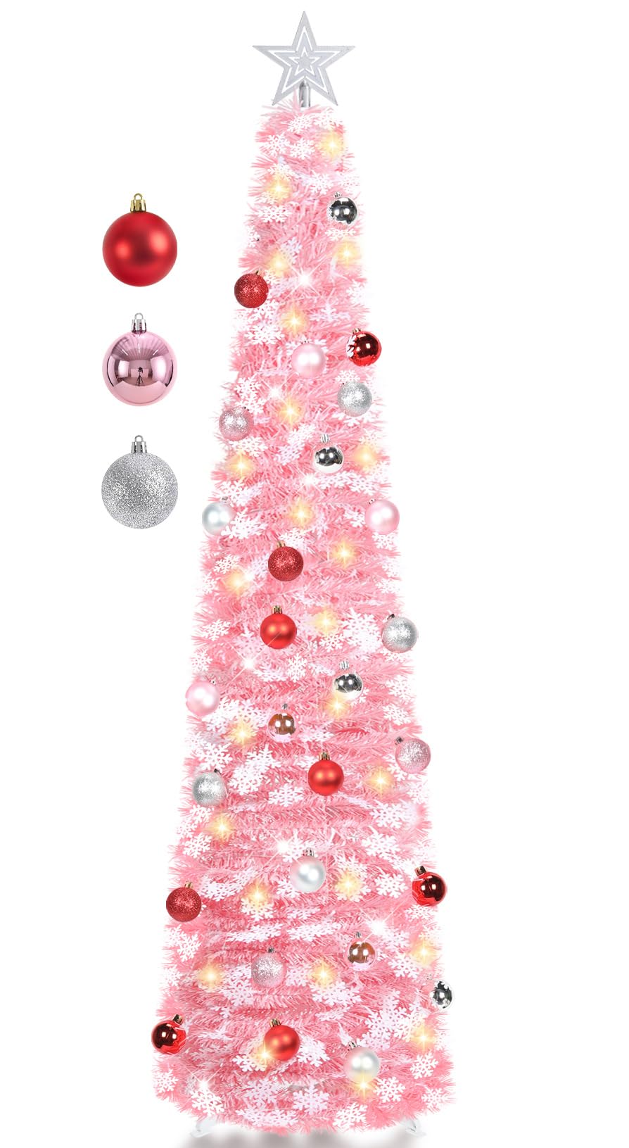 SINTENILL 5 FT Pop Up Christmas Tree with Timer Lights and Decorations, Pink Tinsel Artificial Christmas Tree with 24 Balls Orna