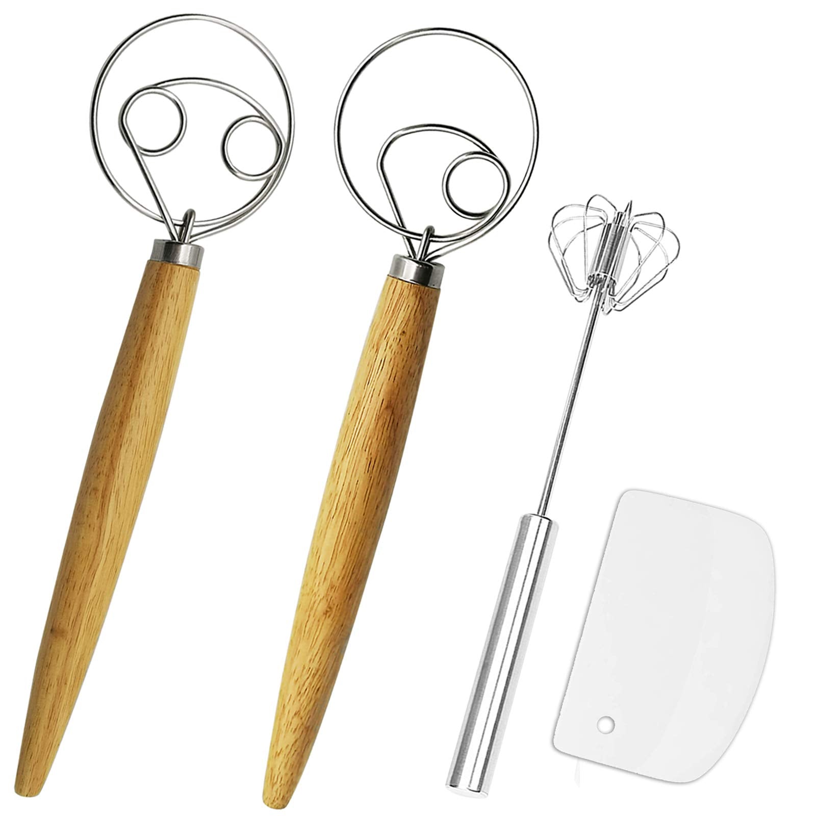 Listenman Danish Dough Whisk Bread Mixer&Egg Whisk Kits, 2 Pack Premium Stainless Steel Dutch Whisk & 1 Pack Hand Push Rotary Wh