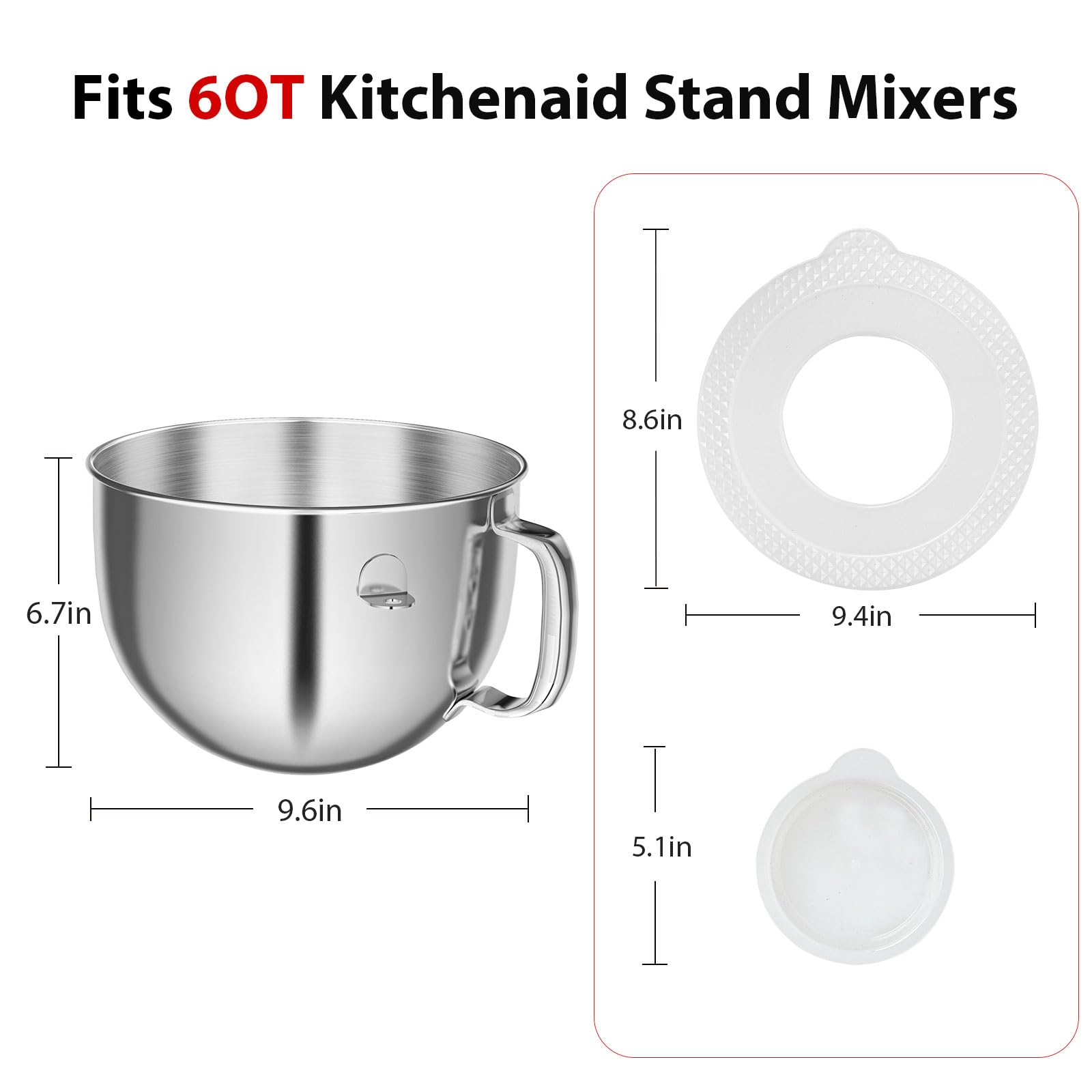 dabebauver 6QT Stainless Steel Mixing Bowl with Lid Covers for Kitchenaid Stand Mixers - Model Bowl-02, Dishwasher Safe