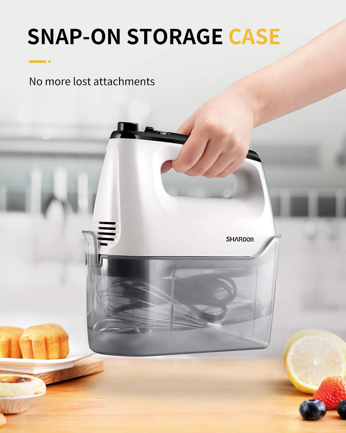 SHARDOR Hand Mixer Electric  6 Speed & Turbo Handheld Mixer with 5 Stainless Steel Accessories  Electic Mixer for Whipping  Mixing Cookies  Brownie  Cakes  Dough Batters  Snap-On Storage Case  White
