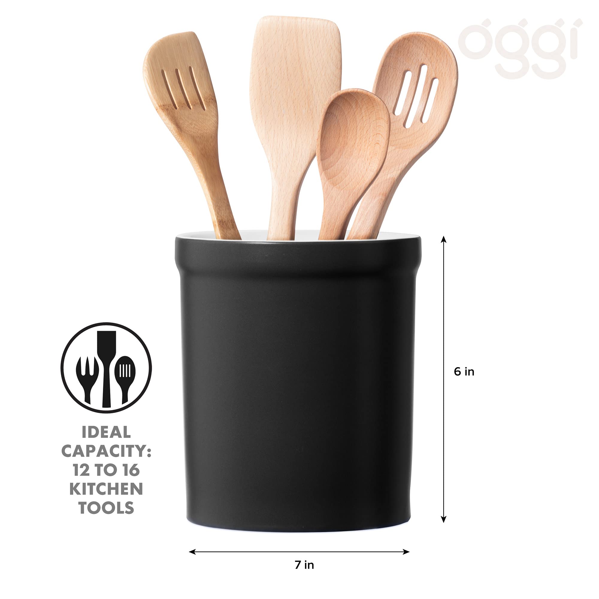 Oggi Ceramic Kitchen Utensil Holder- Utensil Holder For Countertop, Utensil Crock, Kitchen Organizer, Kitchen Decor, Black Kitch