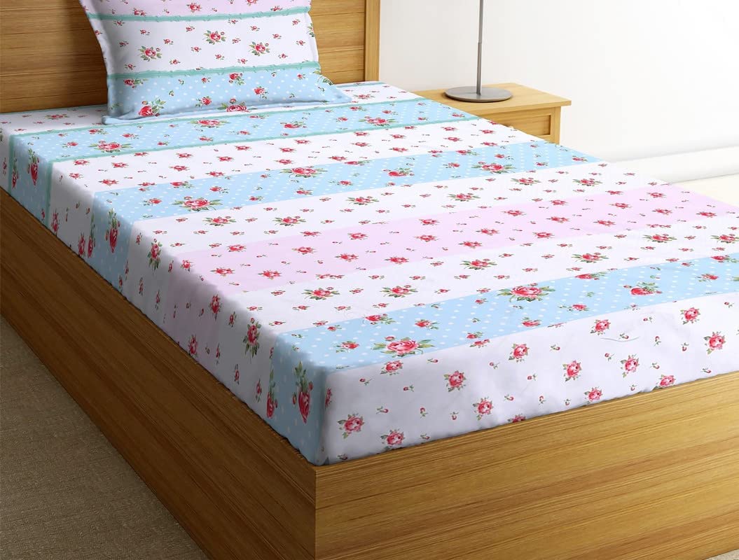 Kawi Elastic Floral Fitted Bedsheets Single Bed(All Around Elastic)With 1 Pillow Cover Polycotton-White Color,Single Fitted Beds