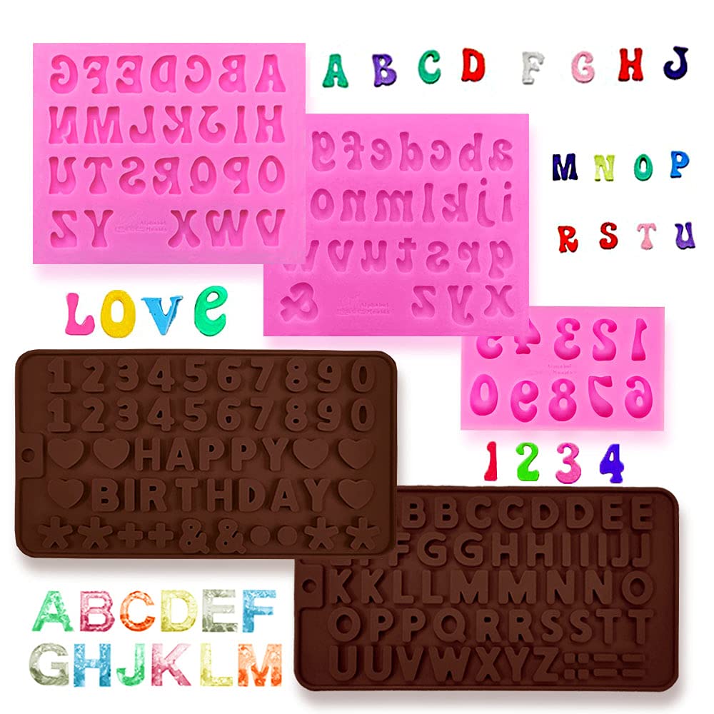 5 Pcs Letter And Number Fondant Molds, Veinardyl 0-9 Number A-Z Letter Alphabet Handmade Silicone Candy Chocolate Molds Baking M
