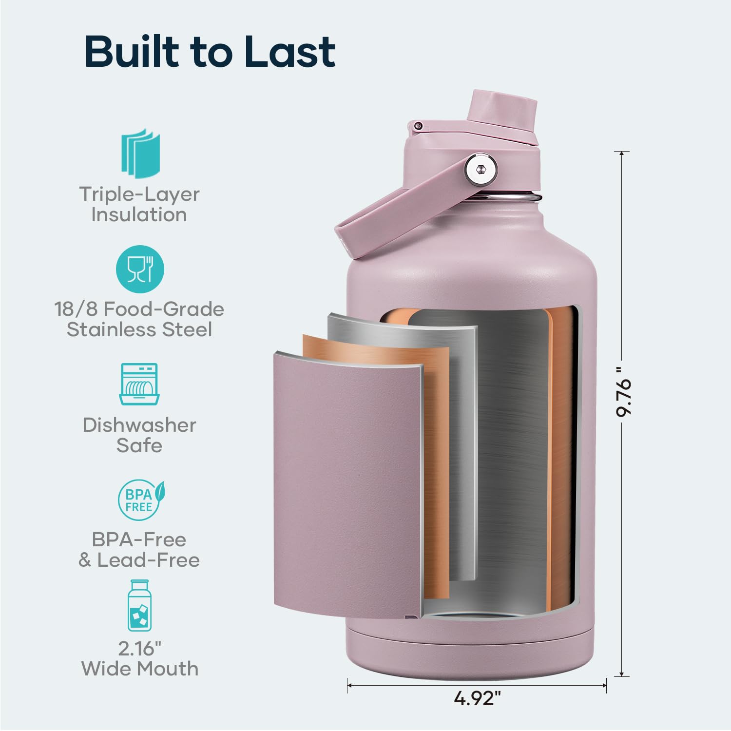 BUZIO 64oz Insulated Water Bottle, Half gallon Stainless Steel Jug (Cold for 48 Hrs), Triple Wall Vacuum Large Metal Flask with