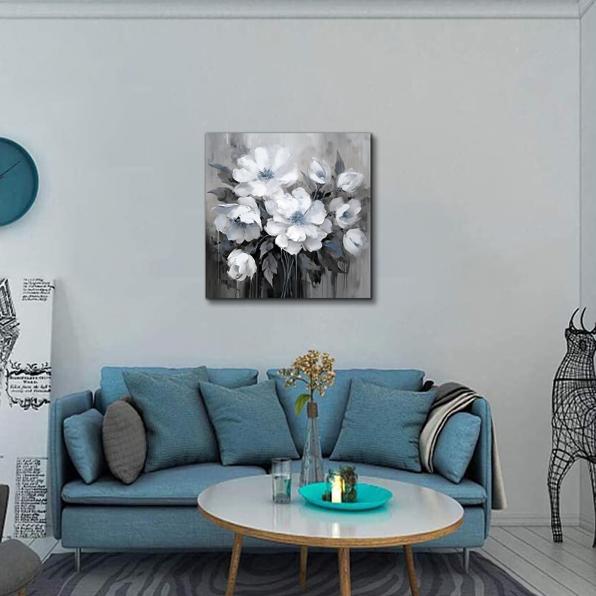 Anzhongart Bathroom Wall Art,Flower Wall Art,Canvas Wall Art,Small Wall Art Gray And White And Blue Flower Wall Art-Floral Canva
