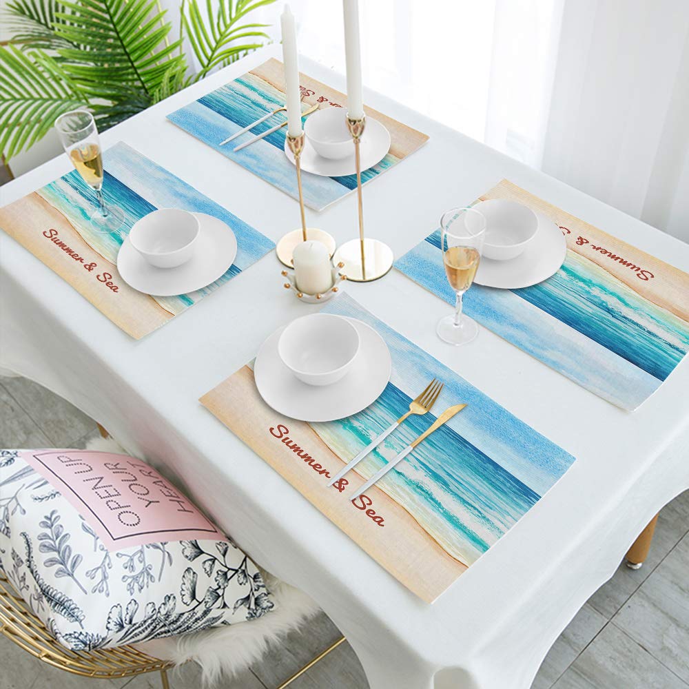 Swono Summer And Sea Beach Placemats,Golden Beach And Blue Sea Place Mats Home Decoration For Dinner Table,Indoor Outdoor Waterp