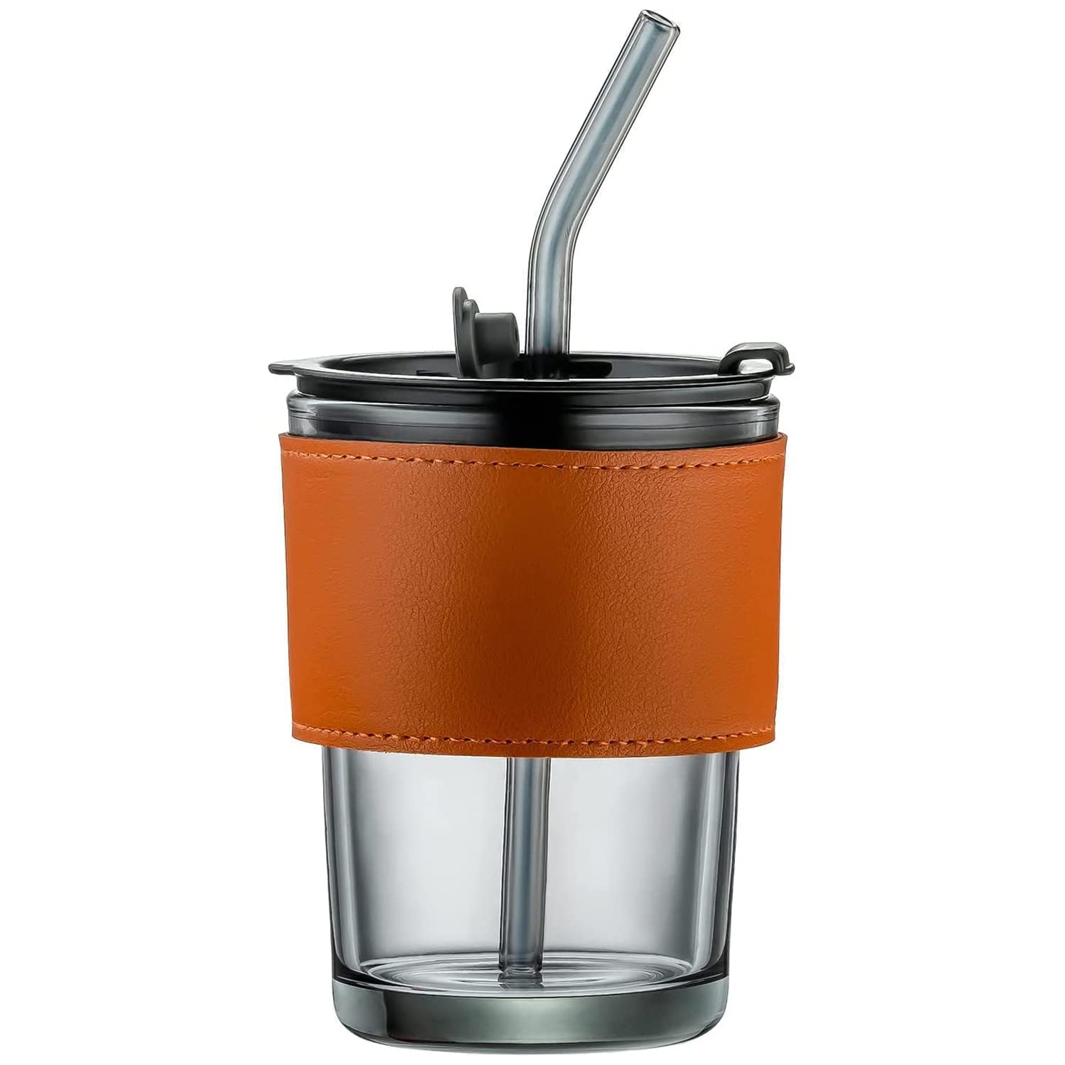 Zoxito 450ml Leather Grip Sipper Mug Straw Lid Leather Sleeve LeakProof Clear Reusable Glass Tumbler Cold & Hot Drink Beverage 