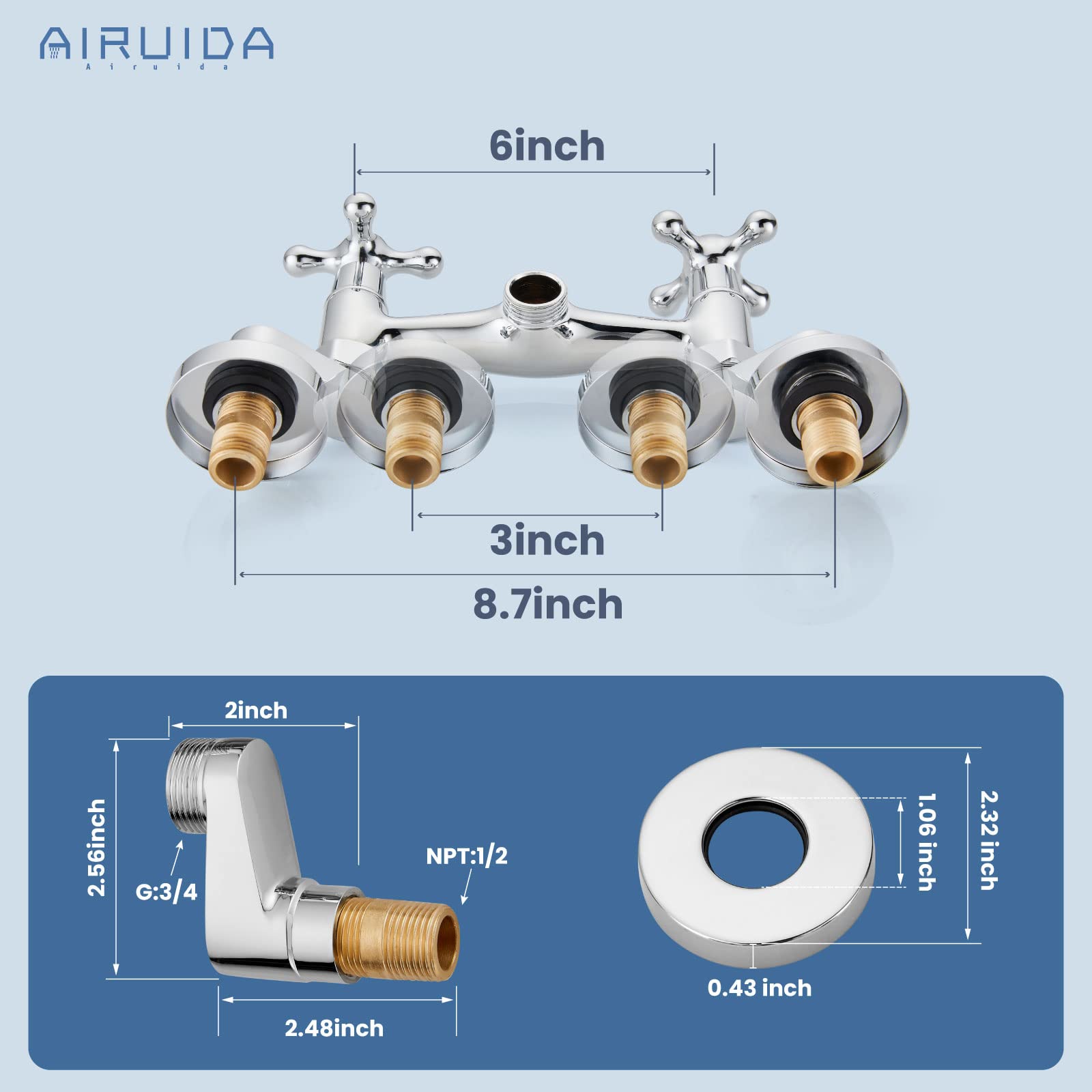 Airuida Wall Mounted Kitchen Faucet Chrome Polish 6 Inch(15Cm) Spout Reach 6 Inch Center Adjustable Center Double Cross Handles