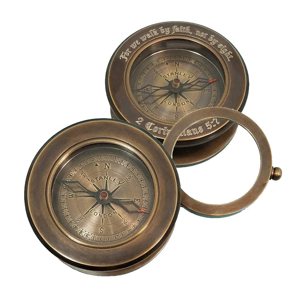Stanley London Engravable Antique Brass Desk Compass with Swivel Magnifier (Personalized Engraving)