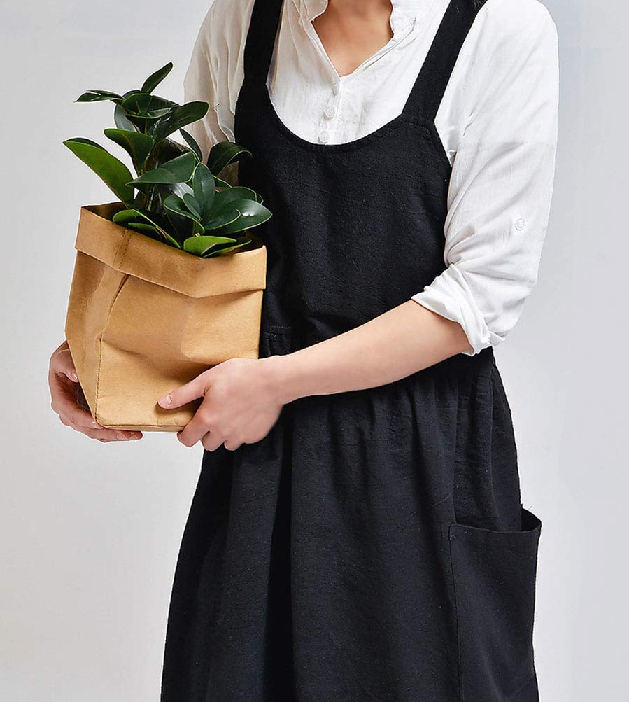 Women Girls Vintage Cute Apron Gardening Works Cross Back Cotton/Linen Blend Aprons Pinafore Dress With Two Pockets (Black)