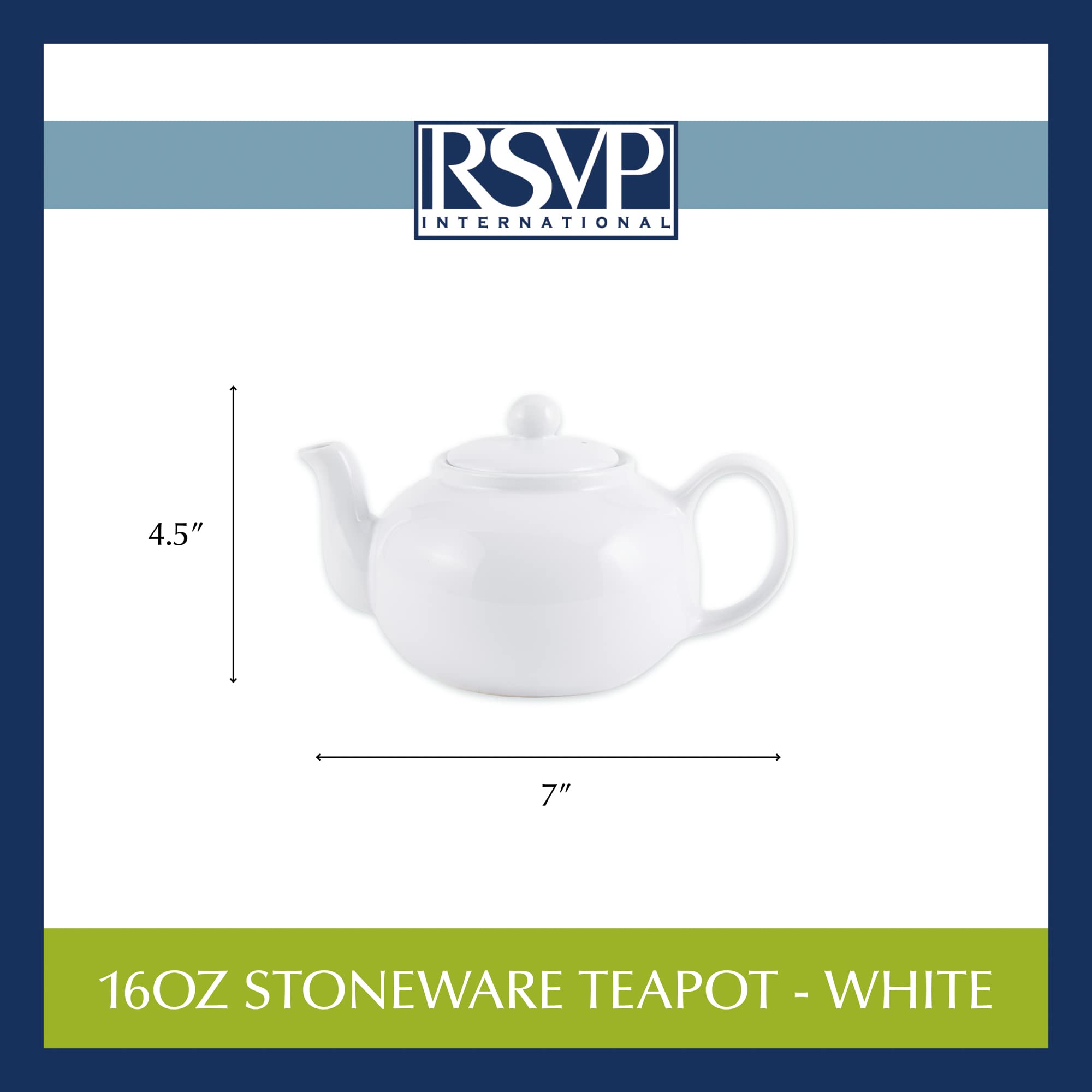 Rsvp International Stoneware Teapot Collection, Microwave And Dishwasher Safe, 16 Oz, White