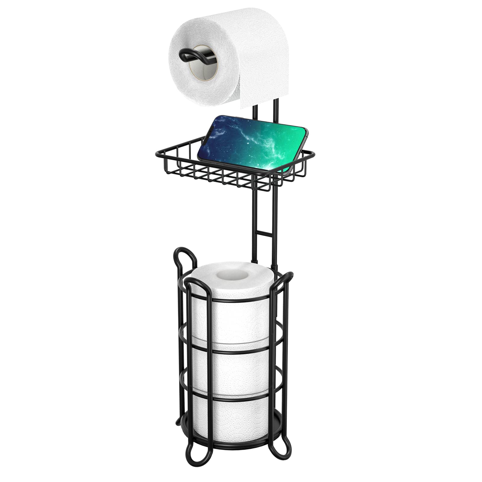 Matte Black Bathroom Freestanding Toilet Paper Holder Tissue Roll Holder Stand With Shelf Storage Holds 4 Jumbo Rolls Phone And