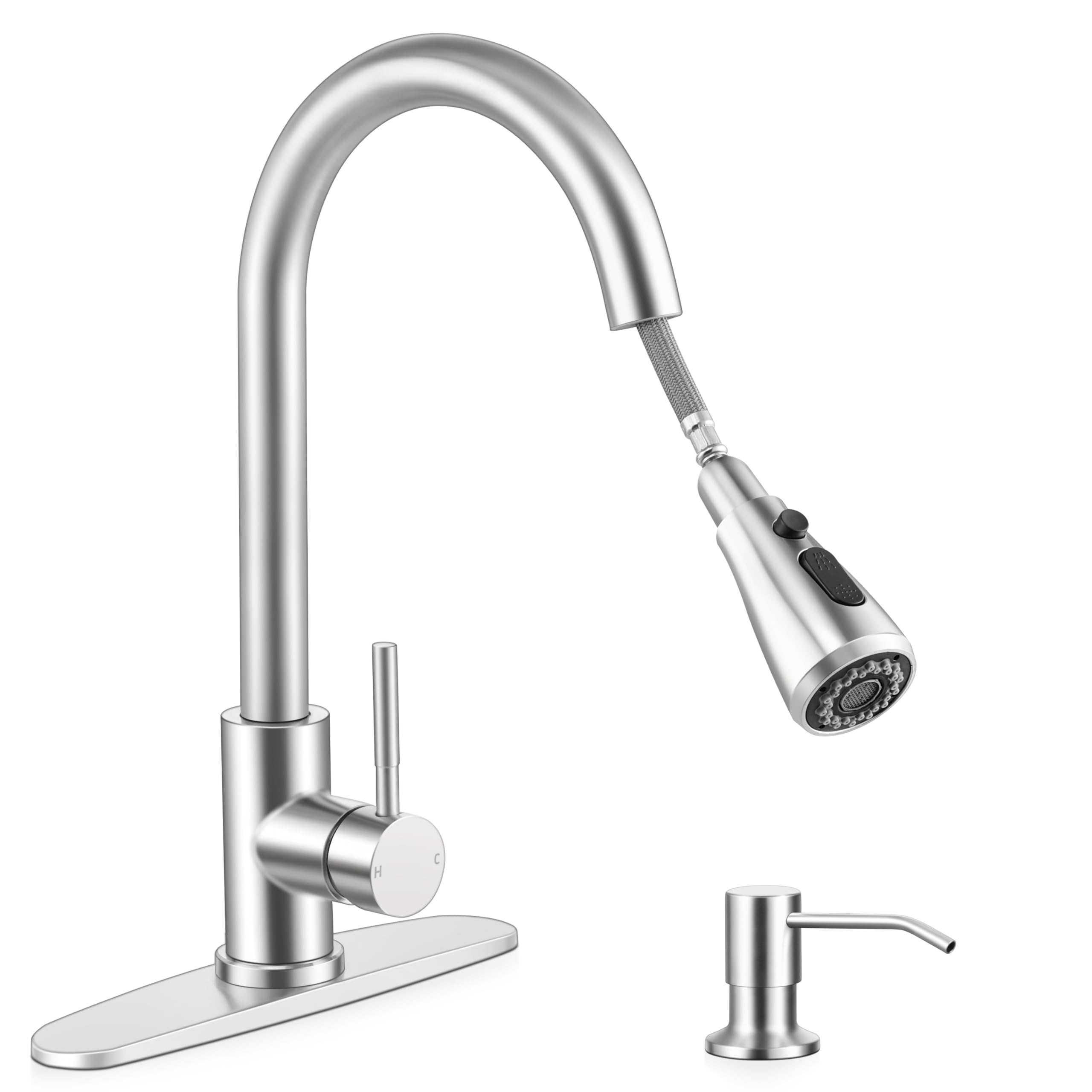 Herogo Brushed Nickel Kitchen Sink Faucet Set With Pull Down Sprayer And Soap Dispenser, Stainless Steel Rv Outdoor Kitchen Fauc