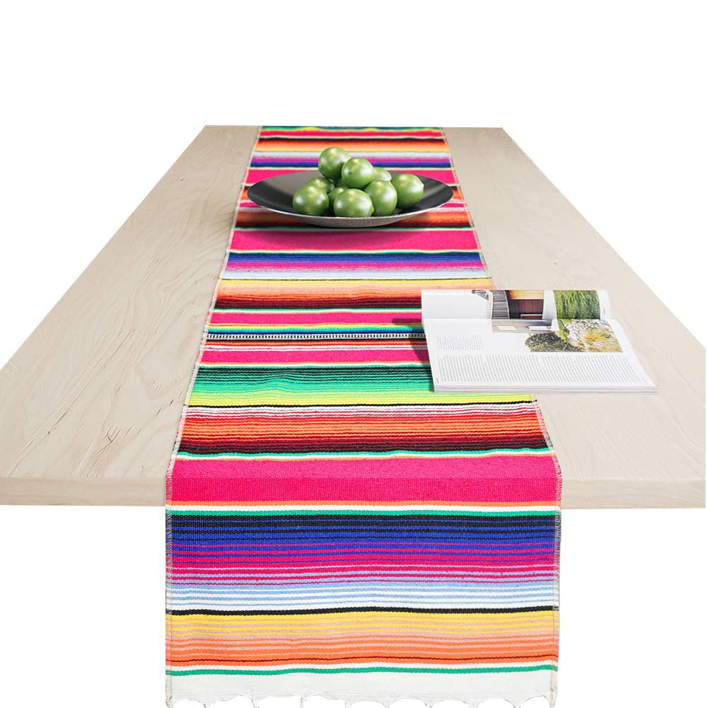 Mexican Table Runner 14 X 84 Inch Mexican Serape Table Runner For Mexican Party Wedding Decorations, Fringe Cotton Table Runner