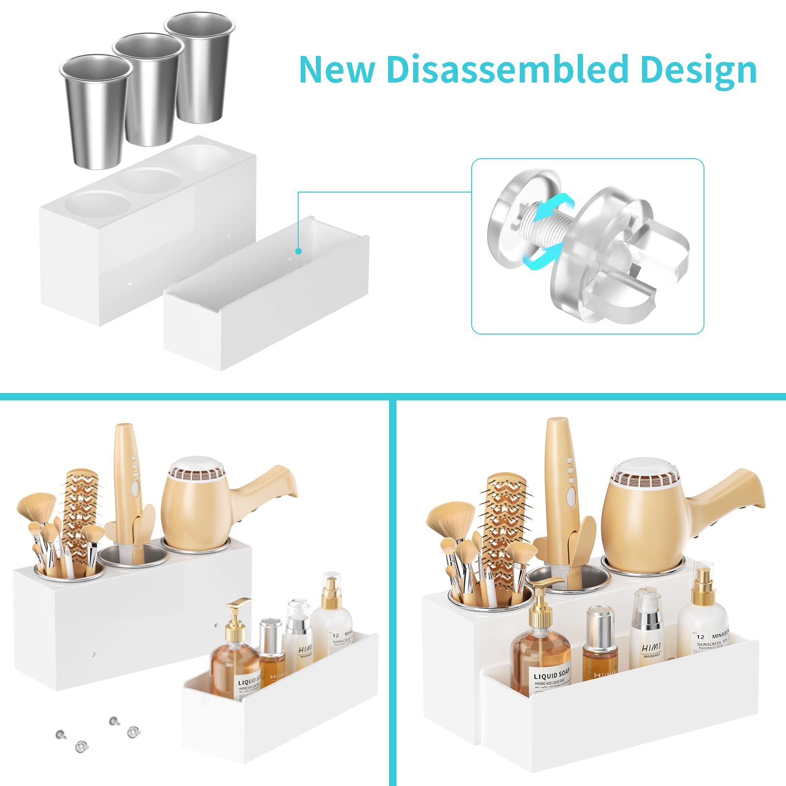HIIMIEI Acrylic Hair Tool Organizer - White Blow Dryer Holder & Vanity Storage for Makeup, Flat Irons, Curling Irons - Model HM-2023-0001