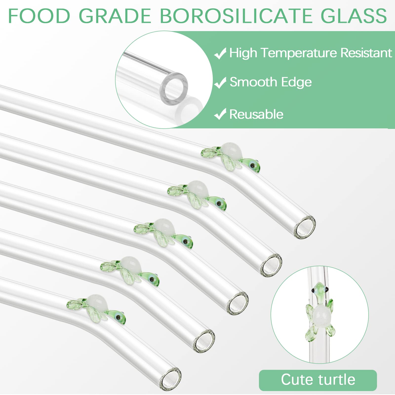 Olpchee 5 Pcs Reusable Straws Clear Glass Straws Colorful Turtle Design Size 7.8'' X 8Mm With 1 Cleaning Brush For Smoothies, Mi