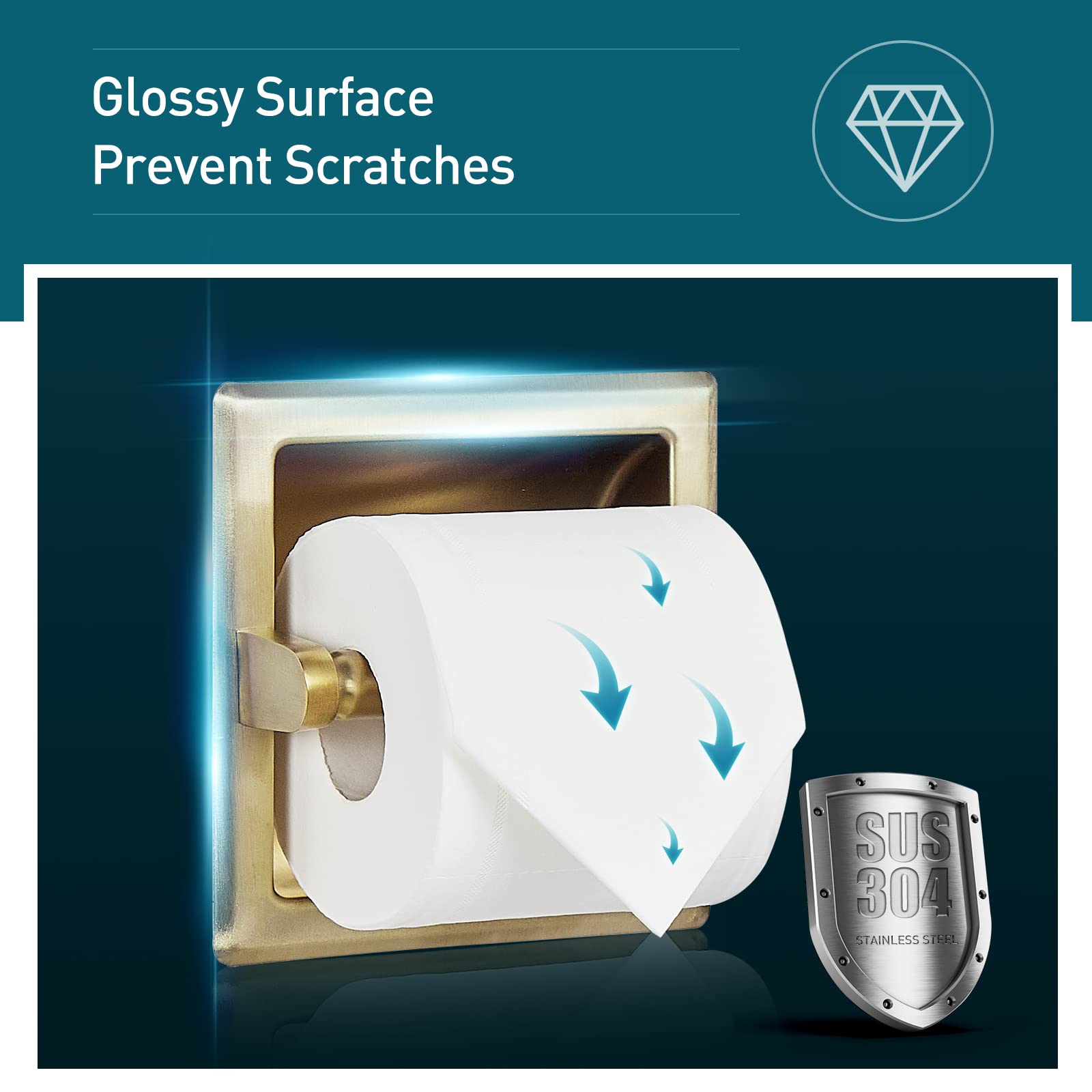 Pokim Recessed Toilet Paper Holder In Wall Mounted With Rear Mounting Bracket Stainless Steel Heavy Duty Brushed Gold Finish 6.2