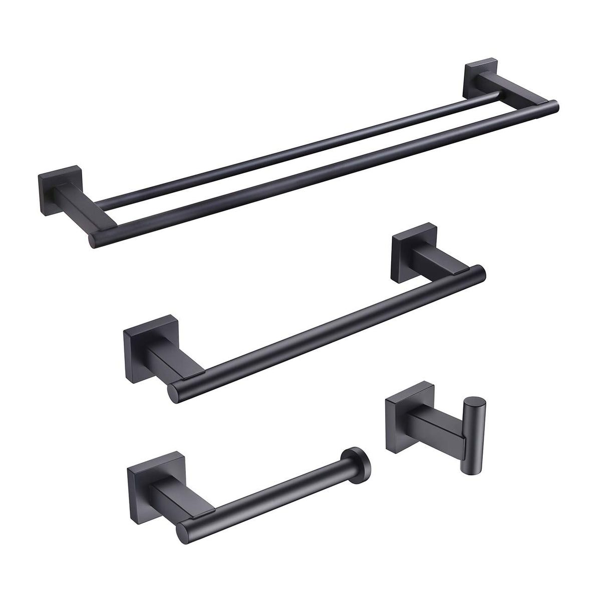 Miyili Matte Black 4-Piece Bathroom Hardware Kit Set Stainless Steel Wall Mount - Includes Double Towel Bar, Hand Towel Rack, To