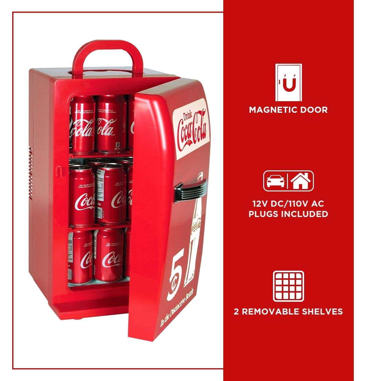 Coca-Cola Retro 18 Can Mini Fridge W/ 12V Dc And 110V Ac Cords, 22L (23 Qt), Portable Cooler, Red, Travel Fridge For Drinks, Sna