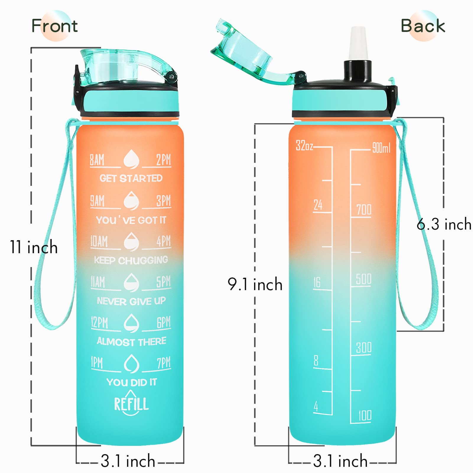 Enerbone 32 oz Water Bottle  Leakproof BPA & Toxic Free  Motivational Water Bottle with Times to Drink and Straw  Fitness Sports Water Bottle with Strap for Office  Gym  Outdoor Sports  Orange-Green