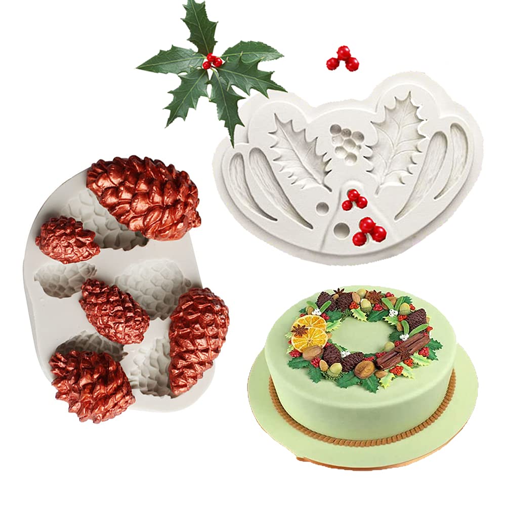 Cestony Christmas Holly Leaf & Pinecone Silicone Molds For Diy Cake Fondant Biscuit Cookies Sugar Pudding Chocolate Hard Candies