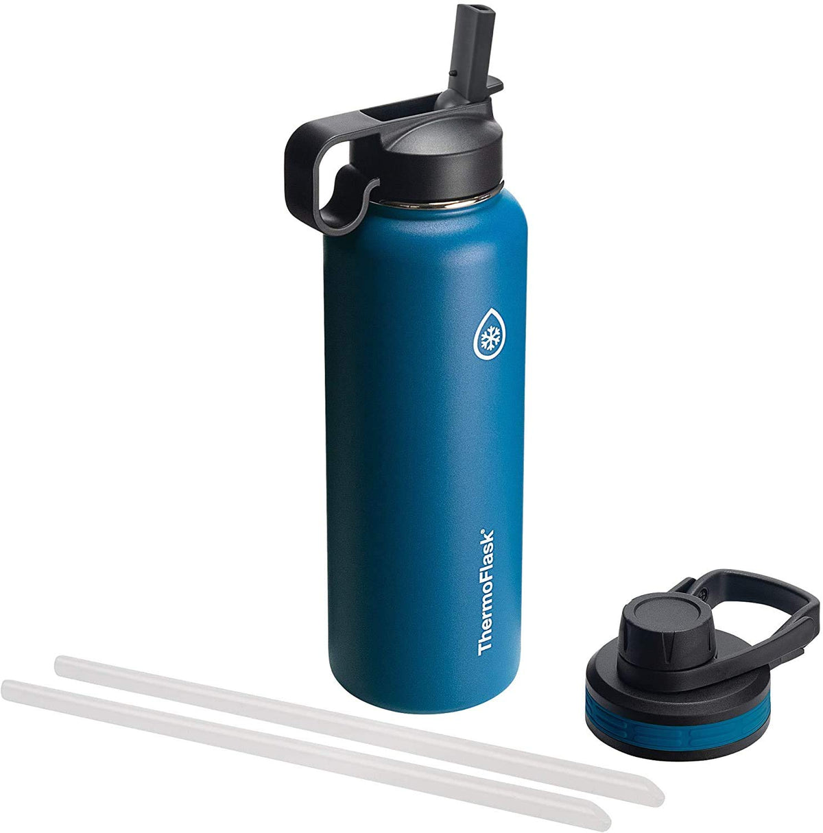 Thermoflask 40 Oz Double Wall Vacuum Insulated Stainless Steel Water Bottle With Spout And Straw Lids, Cobalt