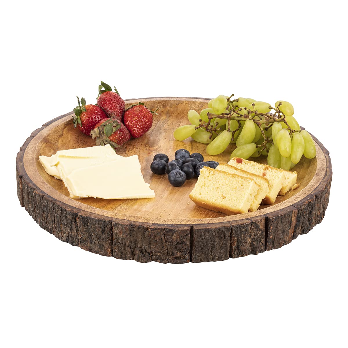 Gocraft Round Wooden Serving Platter With Tree Bark On Edges | Mango Wood Pizza Platter, Serve Board | Charcuterie Platter - 13'