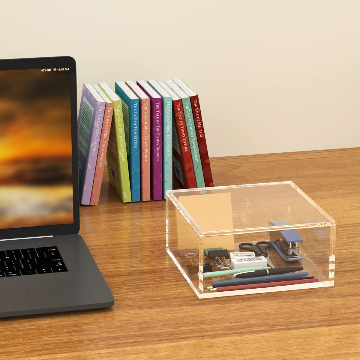 AITEE Decorative Acrylic Box with Lid, Clear Cube Display Case, Multi-Purpose Box Square Container for Holding Staples, Adhesive