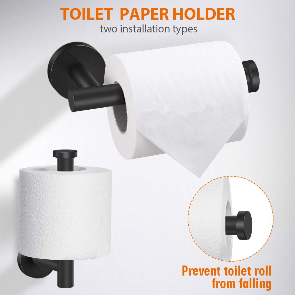 Tudoccy 5-Pieces Matte Black Bathroom Hardware Set SUS304 Stainless Steel Round Wall Mounted - Includes 16'' Hand Towel Bar  Toilet Paper Holder  3 Robe Towel Hooks Bathroom Accessories Kit