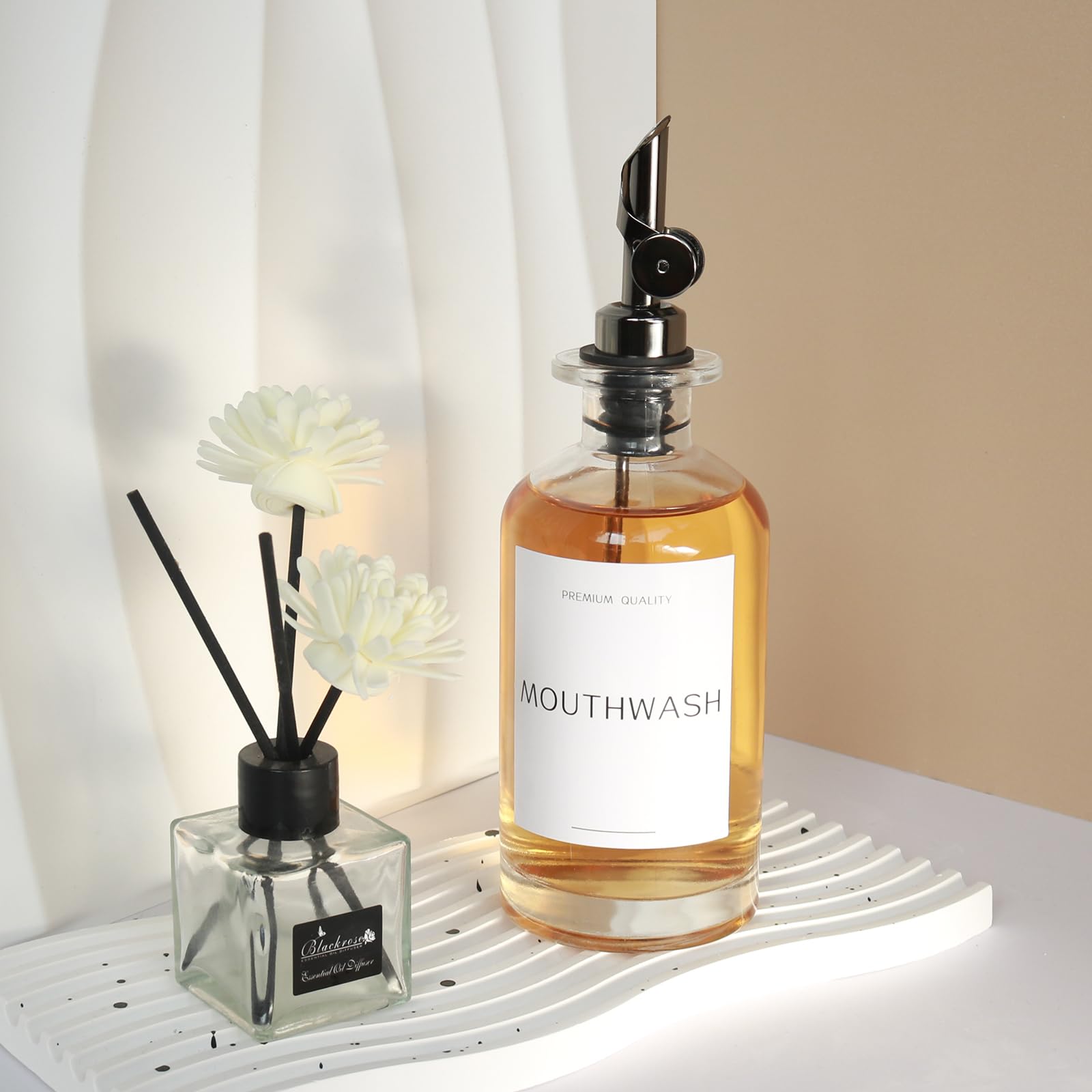 Mouthwash Dispenser For Bathroom, Clear Glass Mouth Wash Container With Stainless Steel Pour Spout, Refillable Mouthwash Bottle