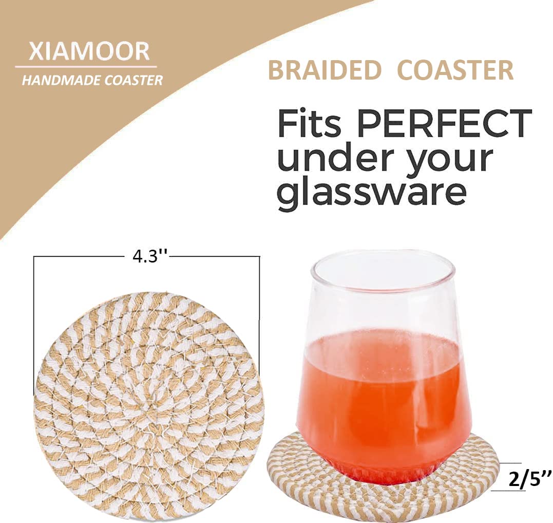 Absorbent Drink Coasters, Handmade Braided Drink Coasters, Set Of 6 (4.3 Inch, Round, 8Mm Thick), Super Absorbent Heat-Resistant