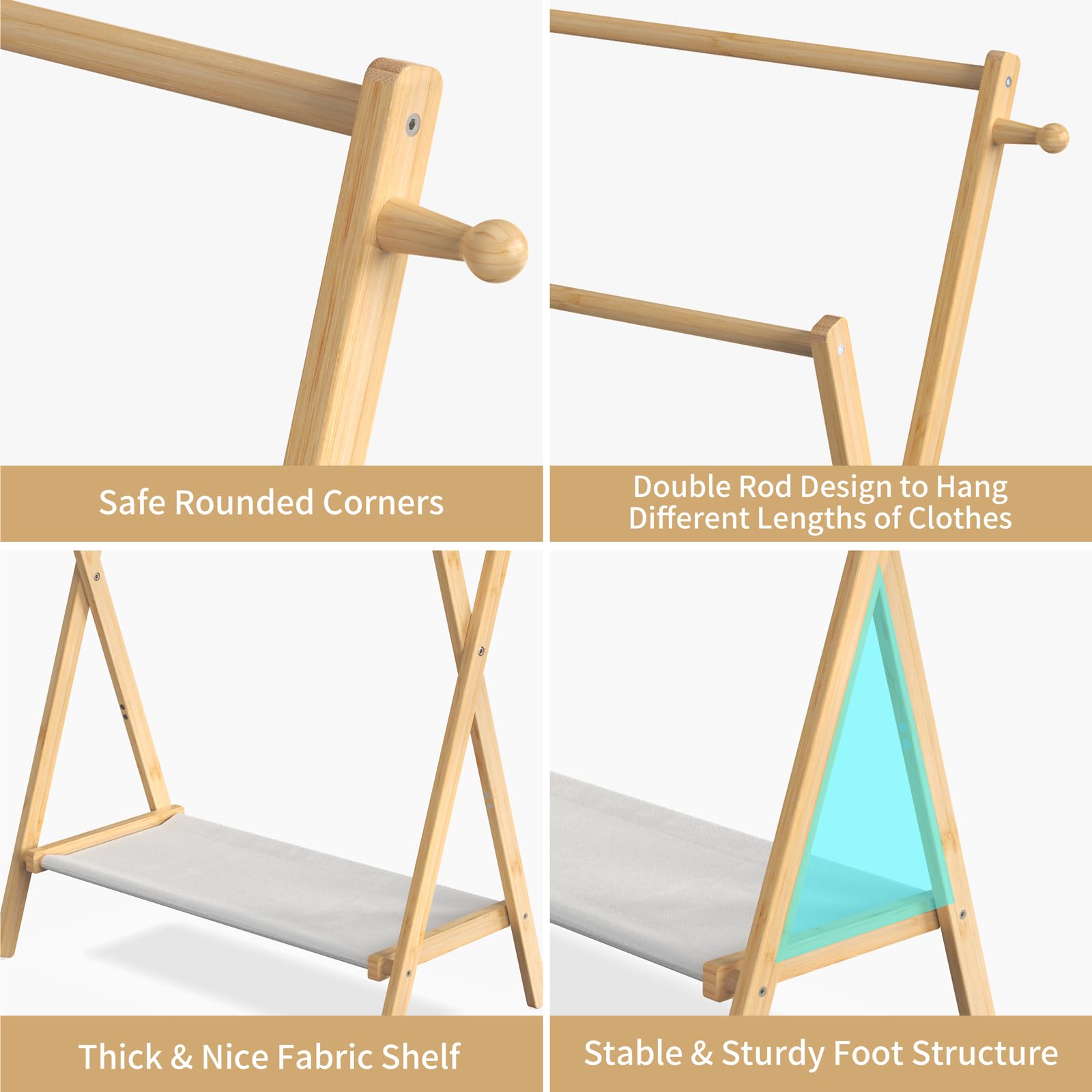 Bamboohomie Kids Clothing Rack, Small Clothes Rack For Toddler Pets, Kids Dress Up Rack With Storage Shelf & Double Rods, Foldab