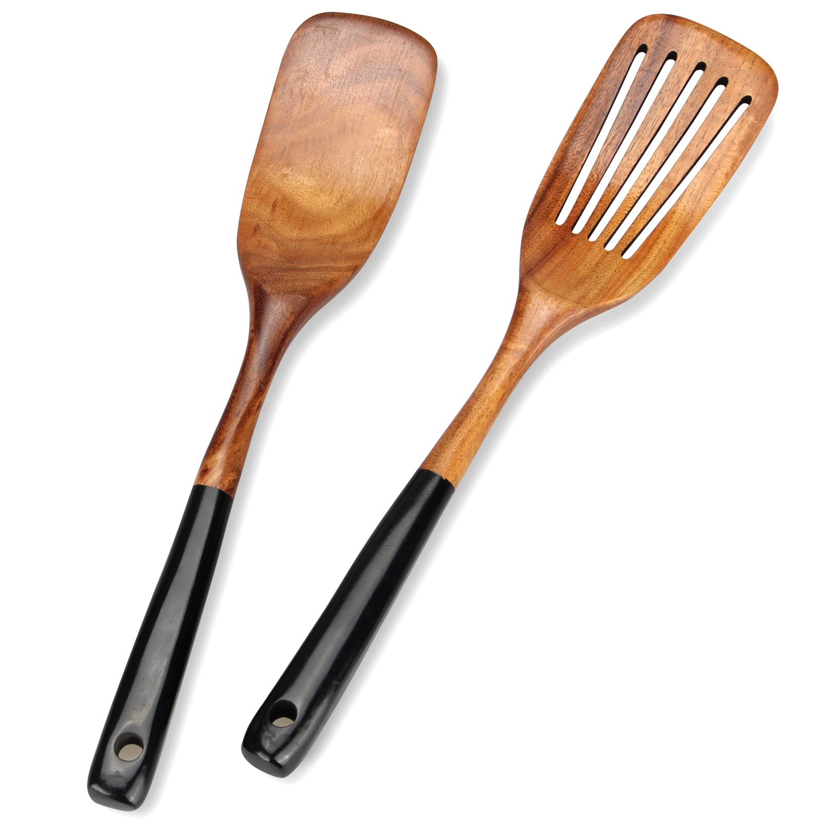 2 Pcs Best Wooden Spatula Set For Cooking Kitchen Slotted Turner Spatula Flat Wood Wok Spatula Non Stick Cooking Utensils For Fr