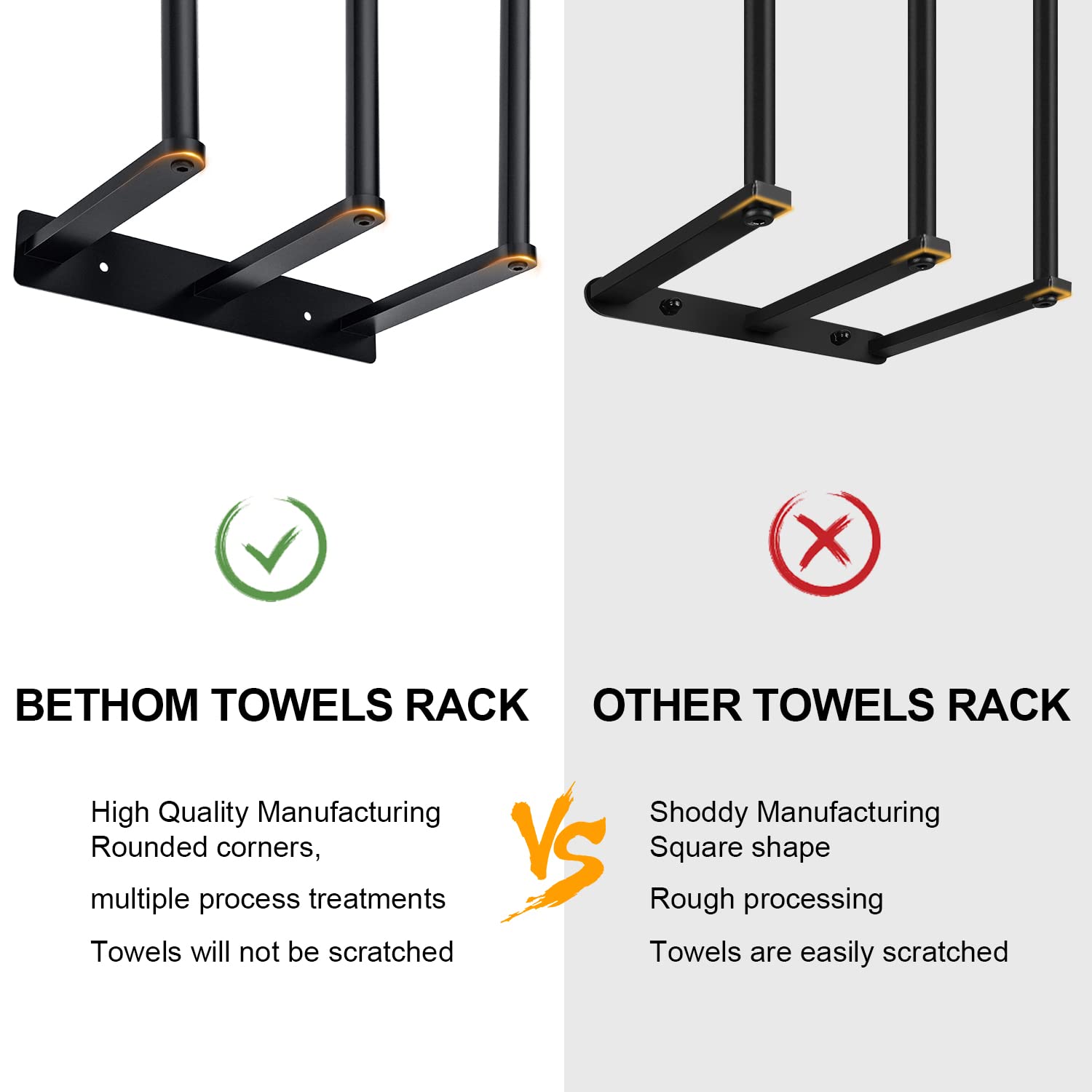 Bethom Bathroom Towel Rack, 3-Bar Metal Wall Storage for Rolled Towels, Holds 6 Bath Towels, Black, Model BE22203-WTR-B