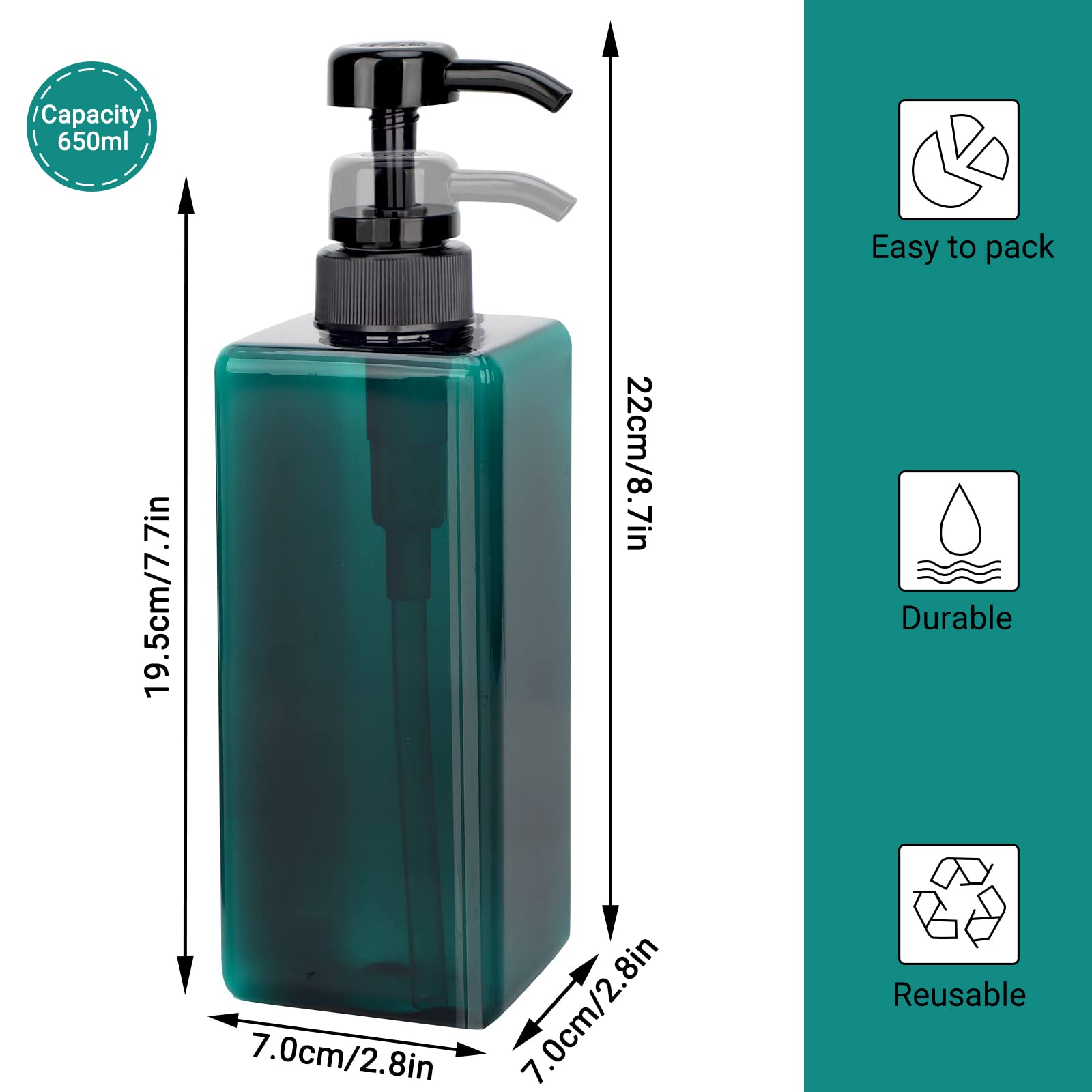 Suream Shampoo Dispenser Bottle - 22Oz/650Ml, Plastic Body Lotion Bottles With Pump, 3Packs Large Capatity Empty Containers For