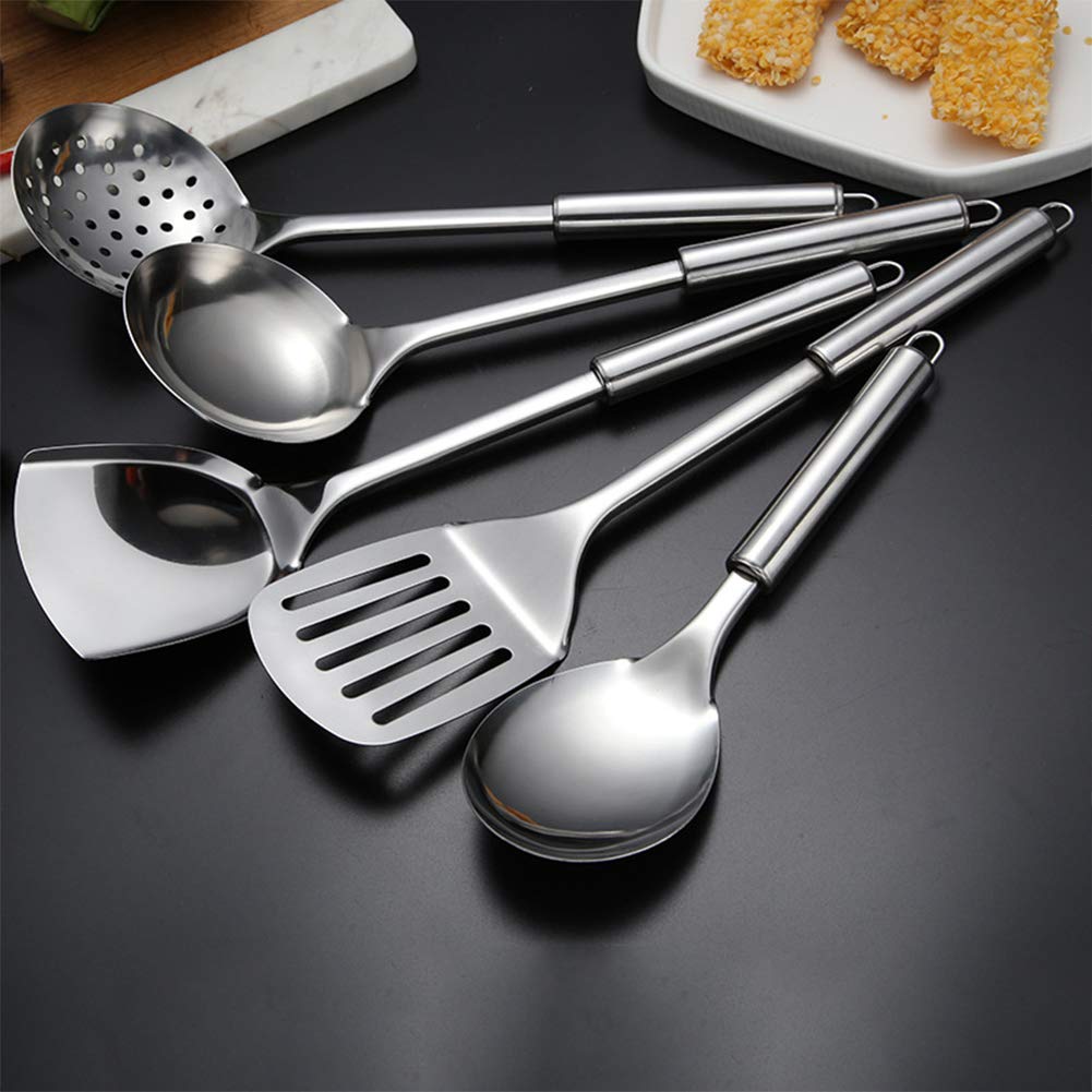 5 Pcs Stainless Steel Cooking Utensils Set Heat Resistant Kitchen Gadgets Utensil Set Includes Slotted Spoon, Slotted Spatula, L