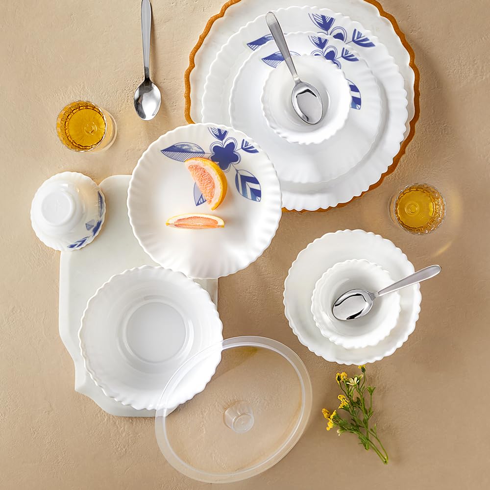Larah By Borosil Silk Series Morning Glory Opalware Dinnerset With Steel Spoon | 41 Pc For Family Of 6 | Microwave & Dishwasher 