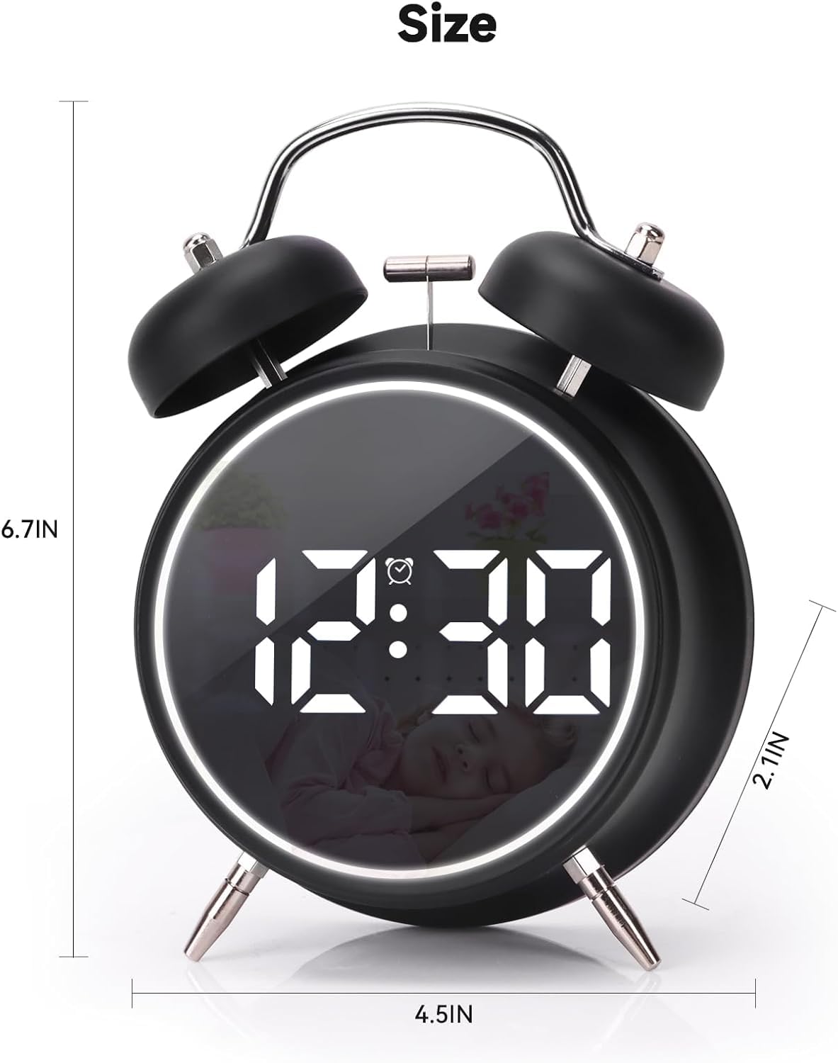 Aerys 4.5-Inch Digital Alarm Clock, Double Bell Led Silent Metal Clock With Night Light, Loud Bedside Alarm For Heavy Sleepers,